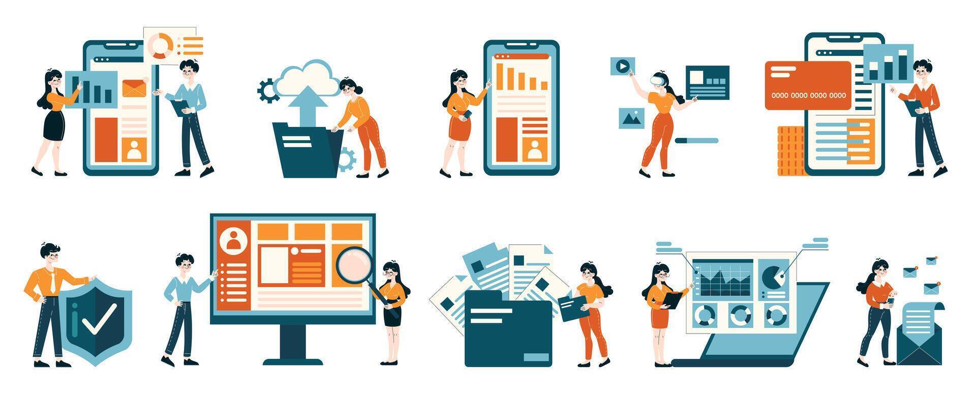 Characters managing data analysis, cybersecurity, and online transactions vector