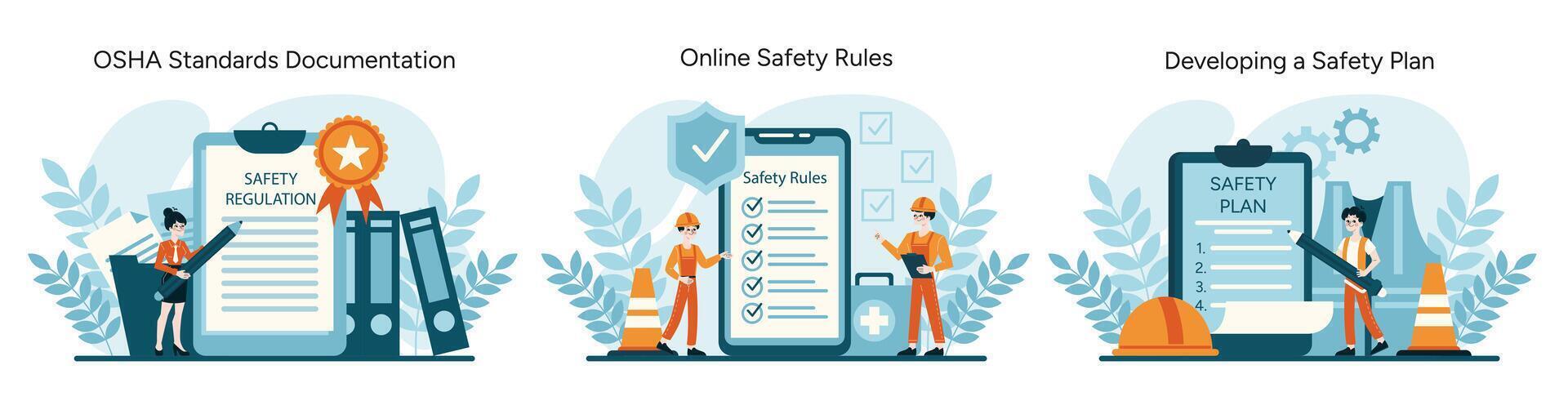 Showcasing standard documentation, enforcing online safety rules, and crafting comprehensive safety plans vector