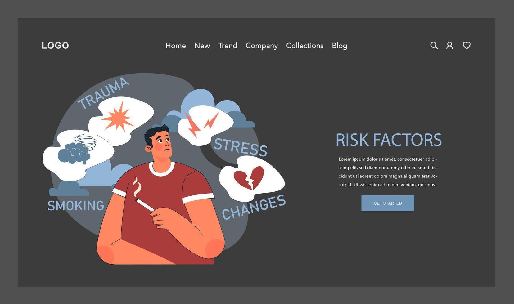 Panic attack web banner or landing page dark or night mode. Mental health vector