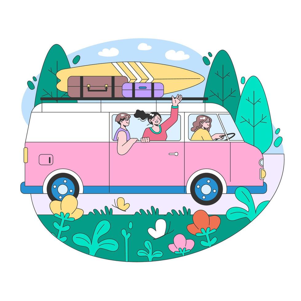 la carretera viaje. joven personas o familia yendo en vacaciones por un coche. vector