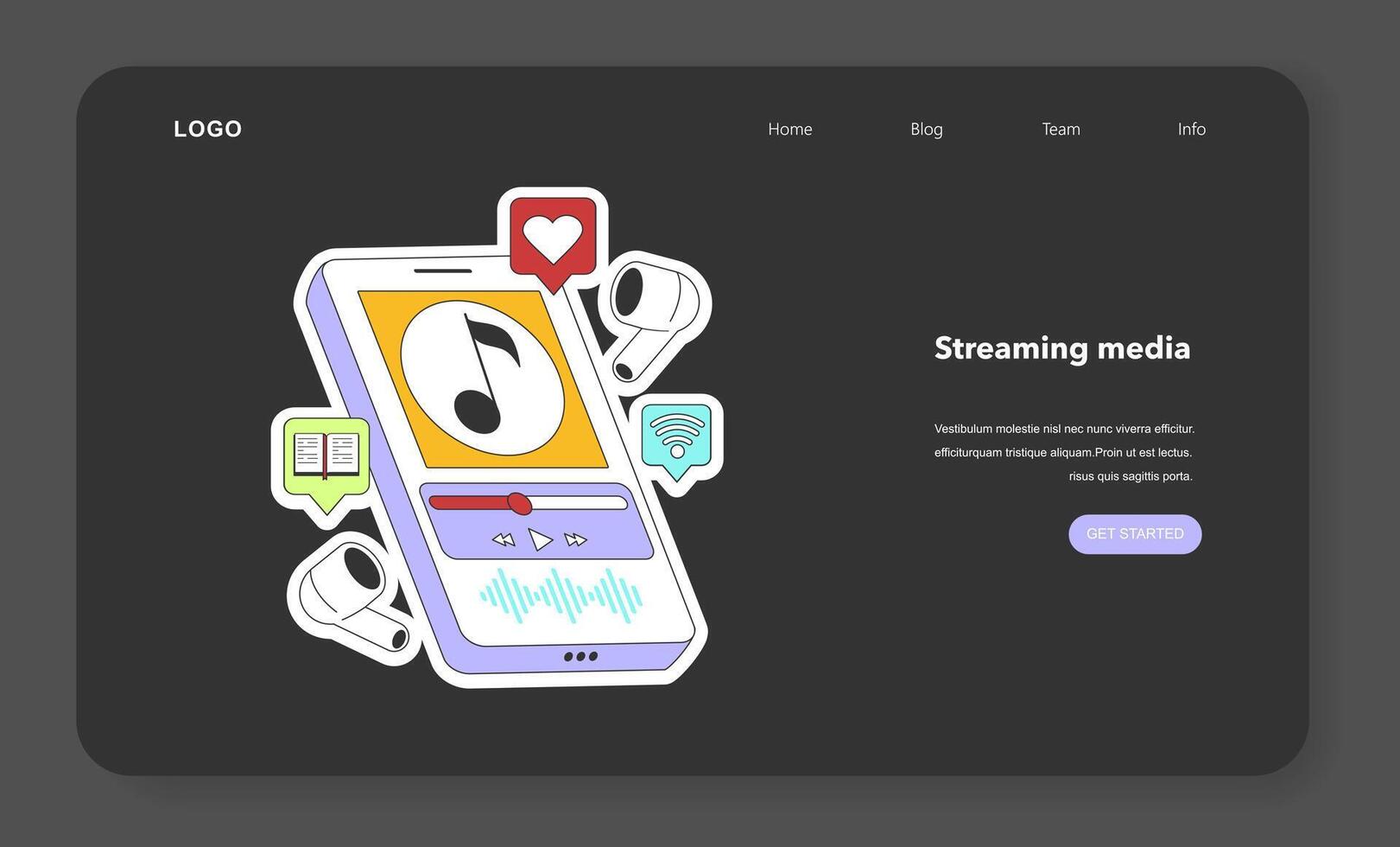 Streaming music service night or dark mode web banner or landing vector