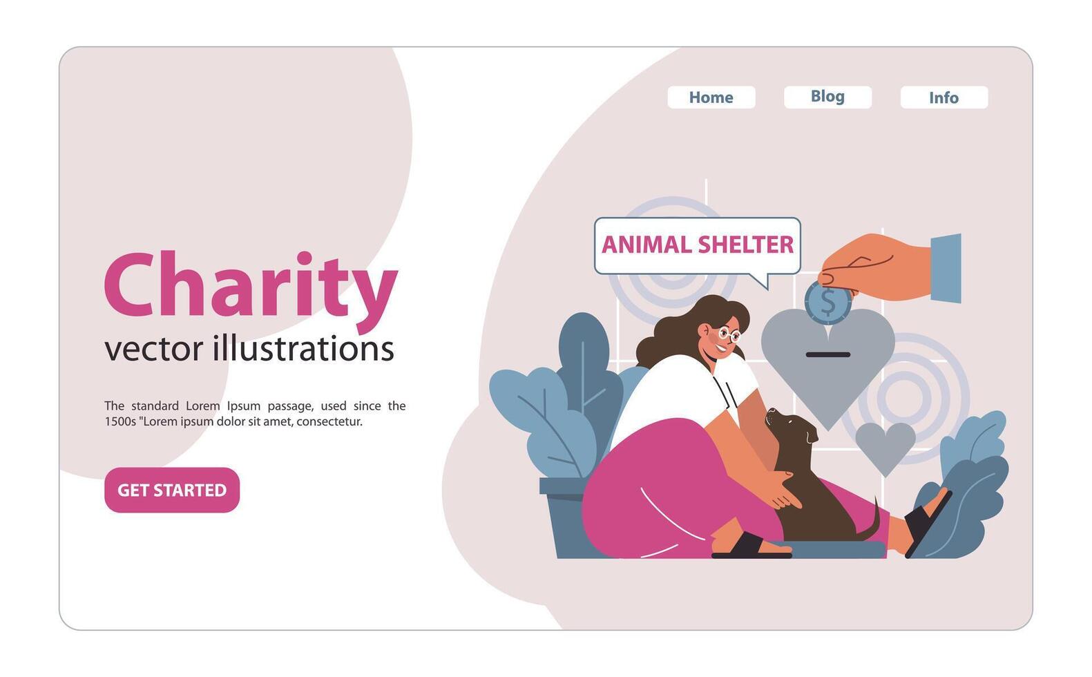 caridad y Caritativo Fundación web bandera o aterrizaje página. animal vector