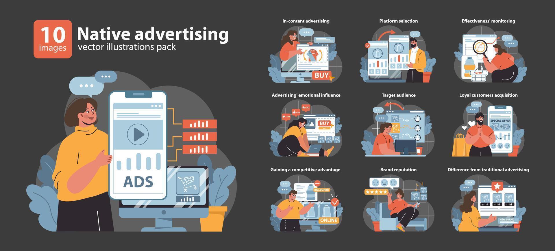 A comprehensive vector pack showcases strategies for native advertising.