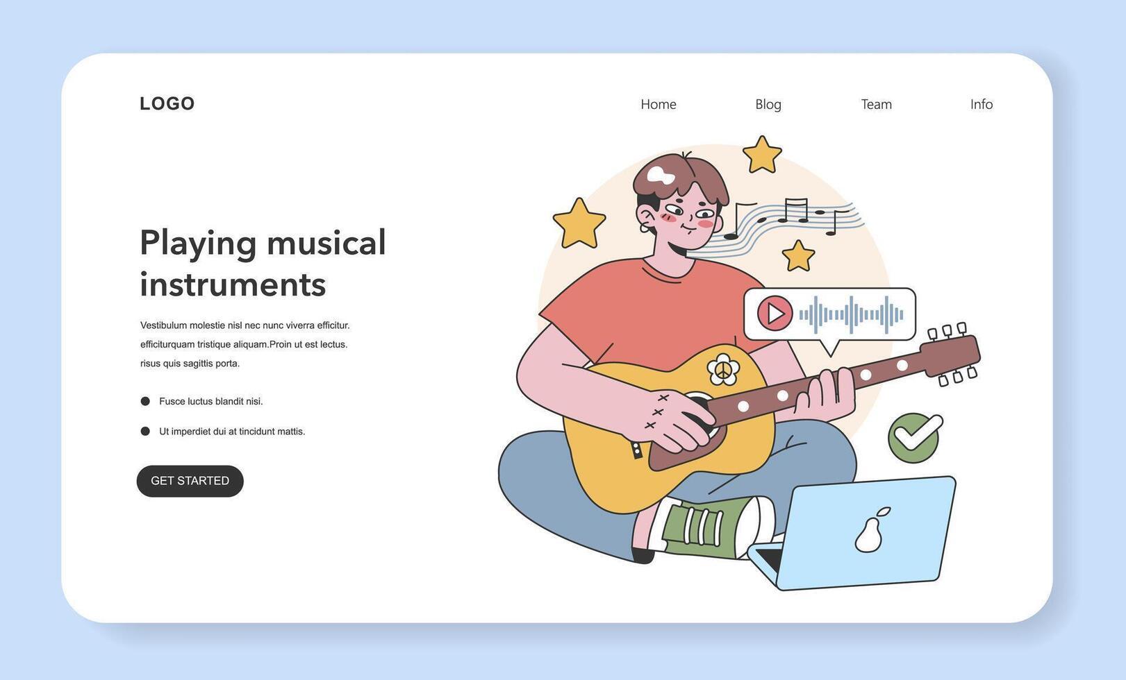 A joyful portrayal of learning music. Flat vector illustration