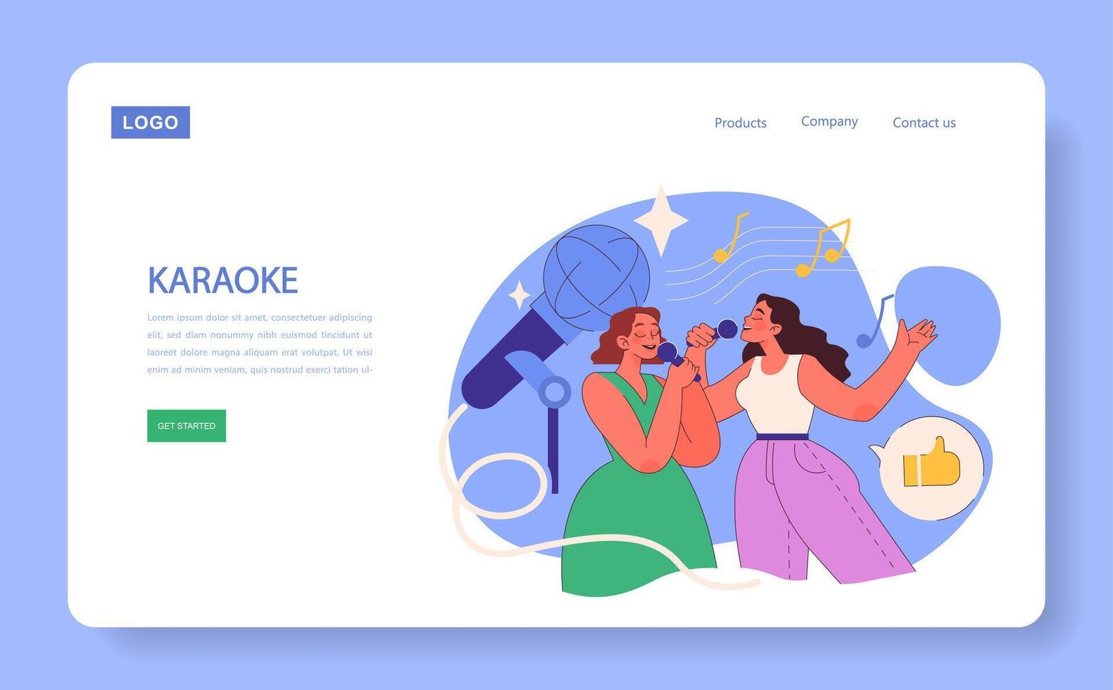 Karaoke Night web or landing. A duet of friends sharing a song, their joy vector