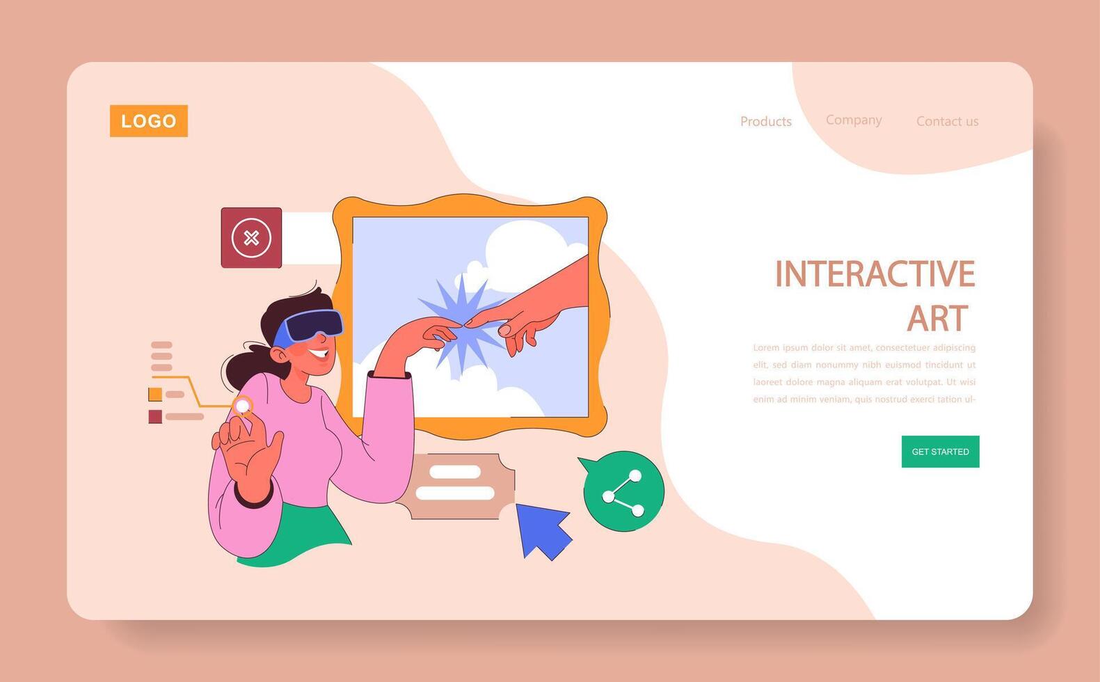 Museum or art gallery web or landing. Enthusiastic woman wearing vector