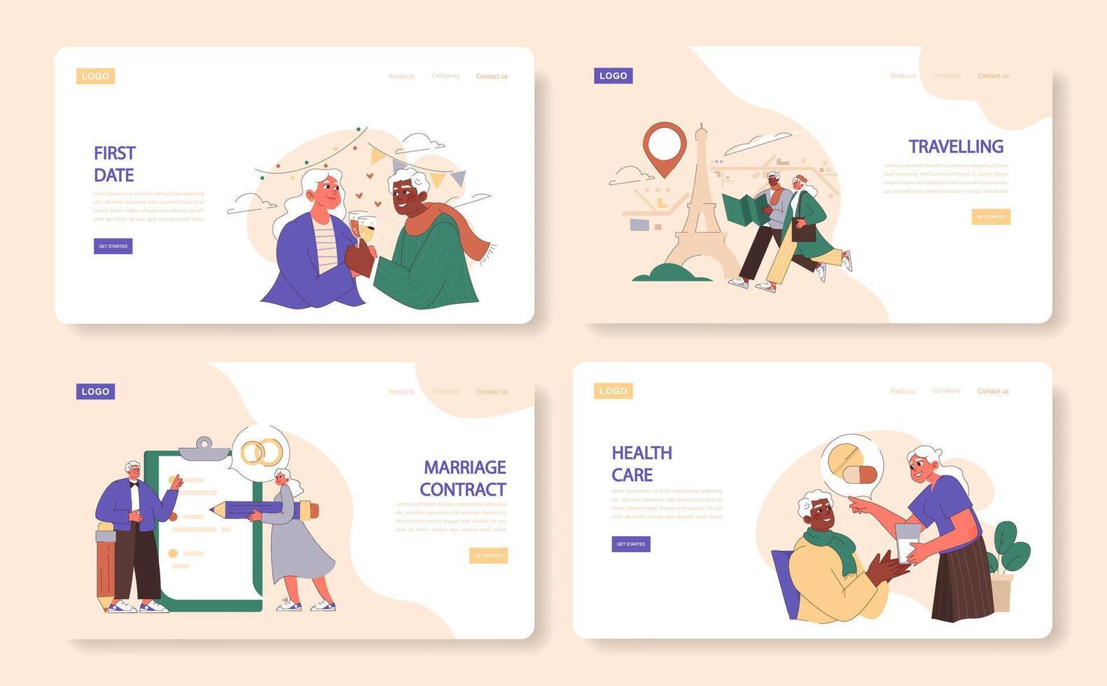 Old Age Marriage web or landing set. Elderly couple's first date, travel vector