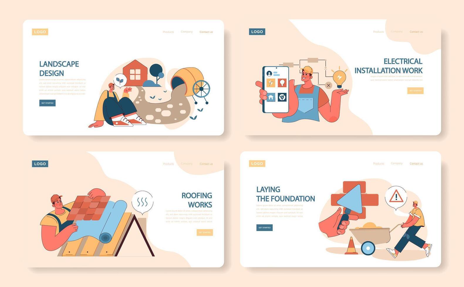 Construction work web or landing set. Web banners display vector