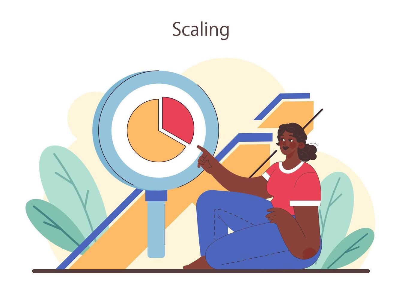 Scaling concept. Woman analyzes pie chart growth, business performance metrics vector