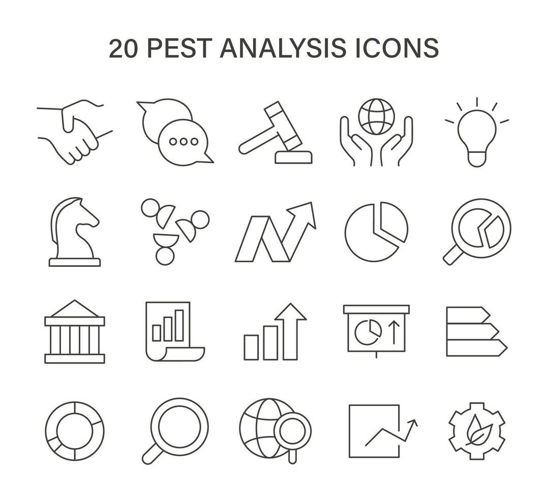 PEST analysis icon set. Visual metaphors for business strategy components. political, economic, social, technological factors. vector