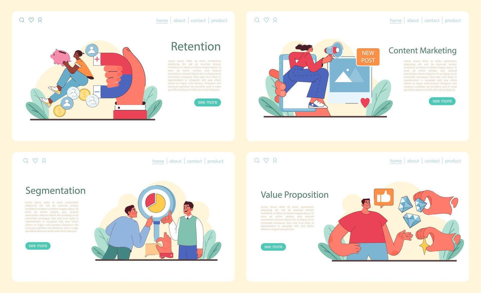 Website marketing tactics set. Illustrates customer retention. vector