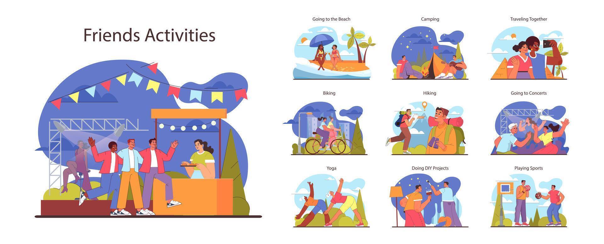 Friends activities set. Varied leisure scenes from beach outings to concerts. vector