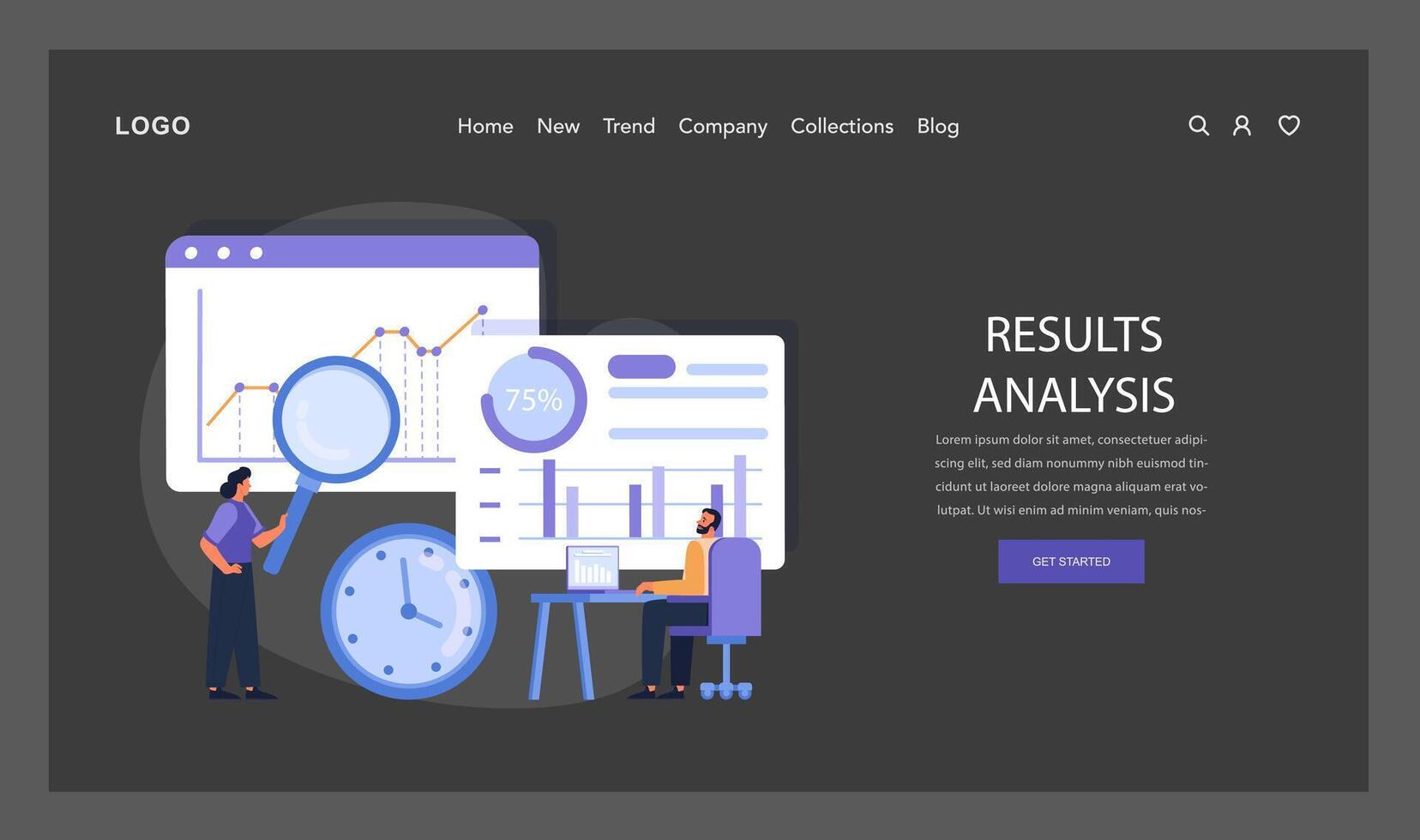 Results Analysis depiction. Experts scrutinize project outcomes using data visualization vector