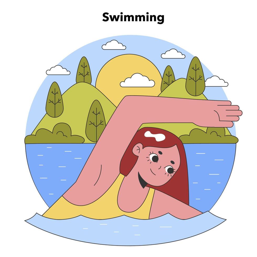 Lakeside Swimming Bliss. Flat vector illustration