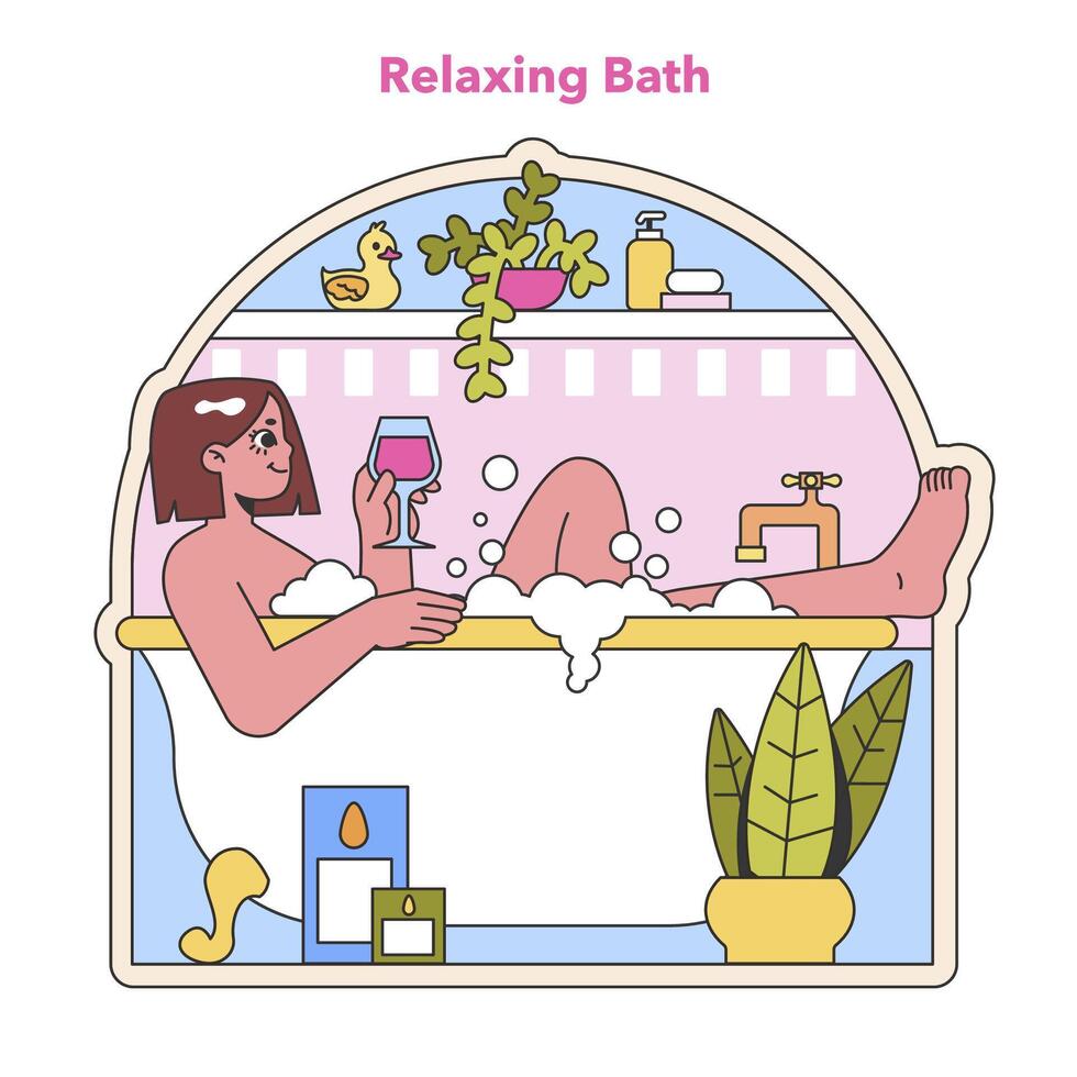 Blissful bath time scene. Flat vector illustration.