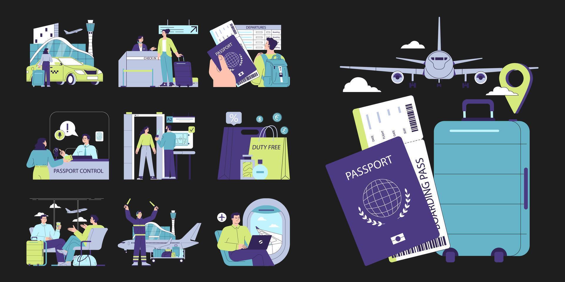 People in the airport set. Characters with a suitcase checking-in on a flight vector
