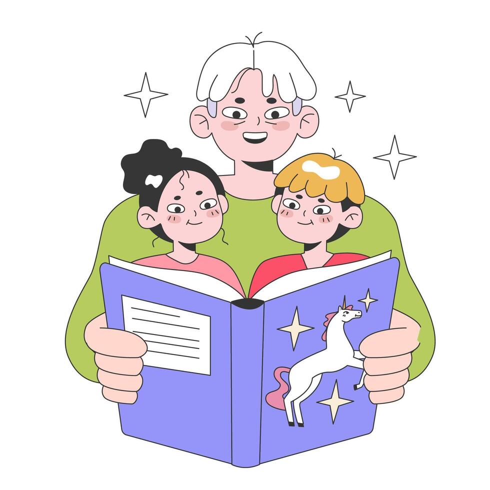 Grandfather reading a book to the grandchildren. Characters reading vector