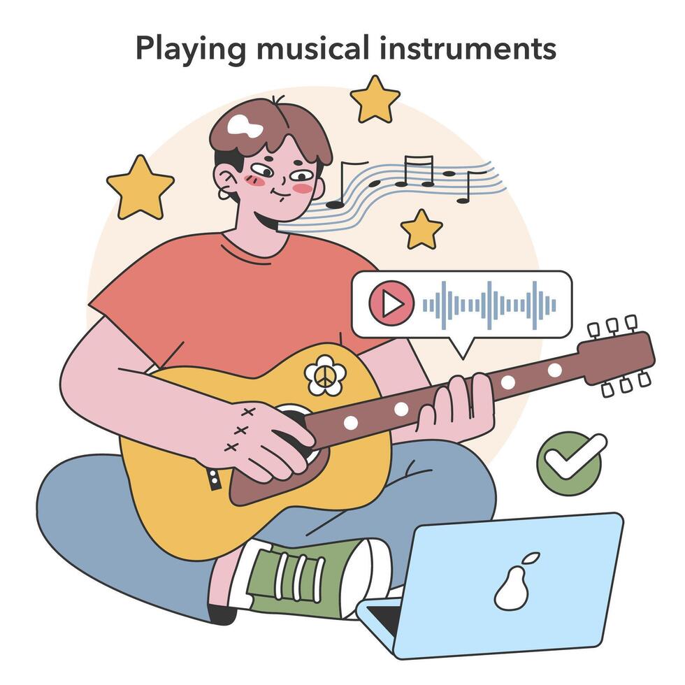 A joyful portrayal of learning music. Flat vector illustration