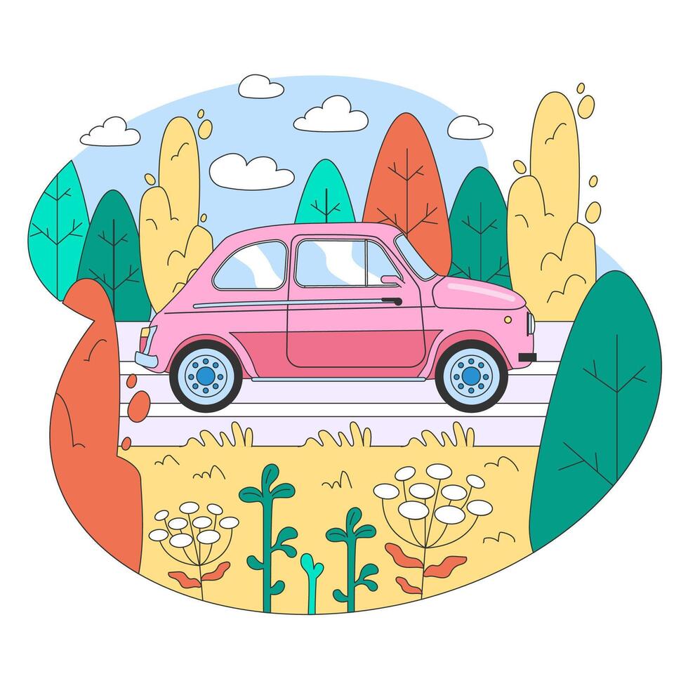 Road trip. Young people or family going on vacation by a car. vector