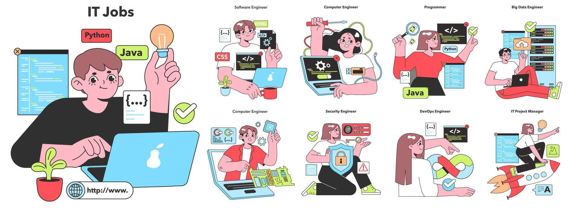 Illustration of IT professionals in action, highlighting roles like software engineer and security expert, captures the dynamic essence of the tech industry. vector