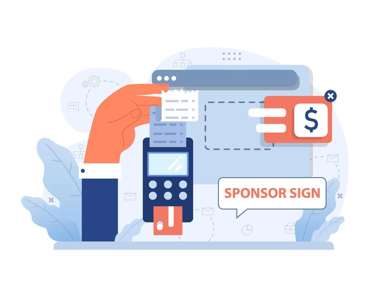 Hand processing a sponsorship transaction with a card terminal. Flat vector illustration