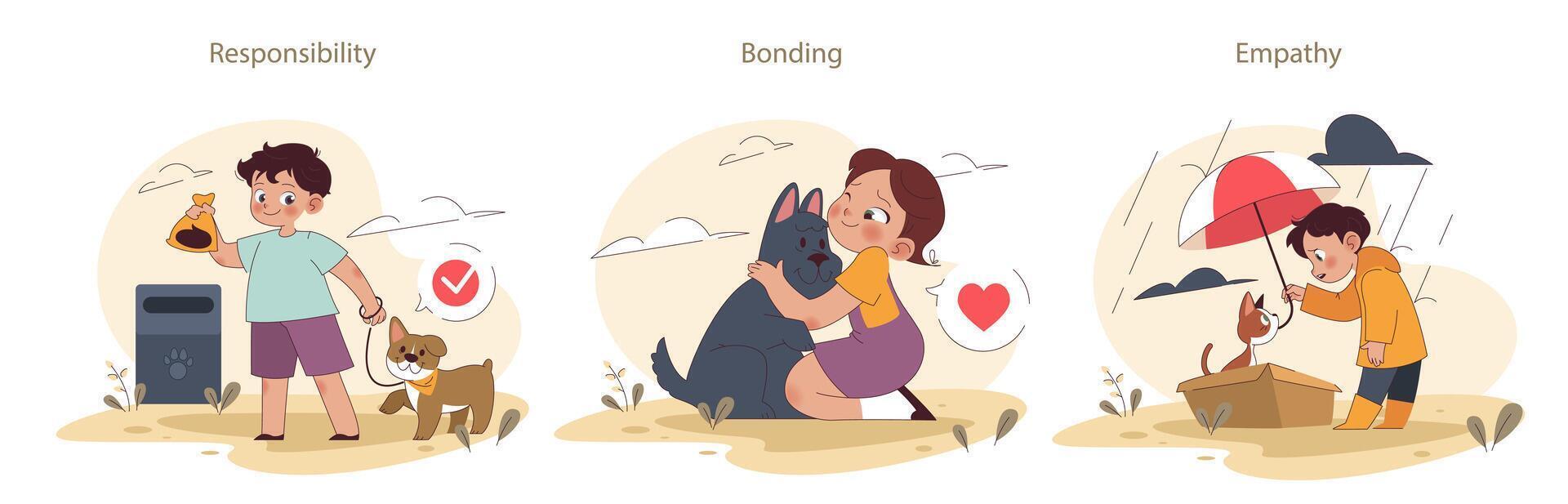 Children and pets set. Exploring responsibilities and joys of pet ownership vector