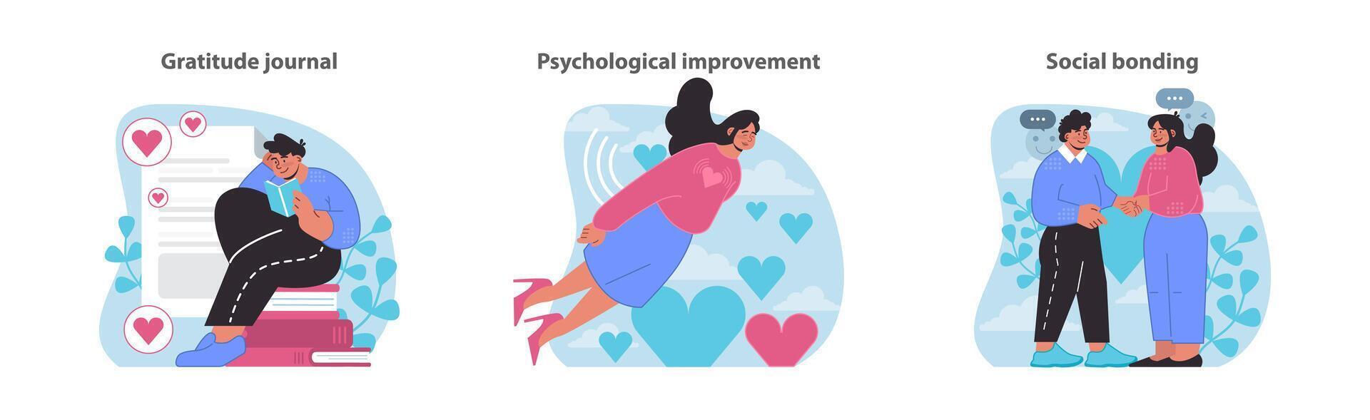 Self-reflection and unity themes set. Documenting gratitude, advancing vector