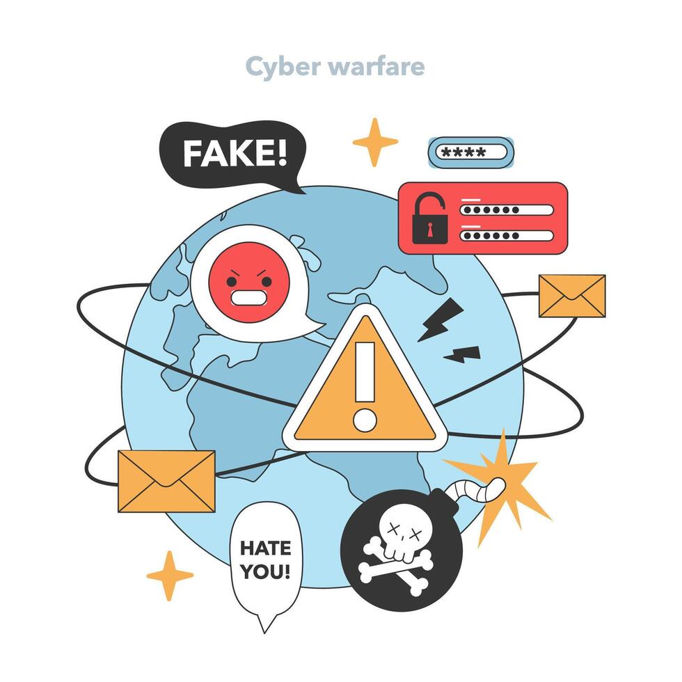 cyber warfare global scale. Flat vector illustration.