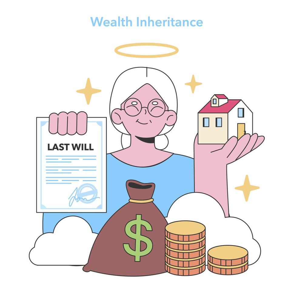 Estate planning. Senior woman securing family legacy with will, vector