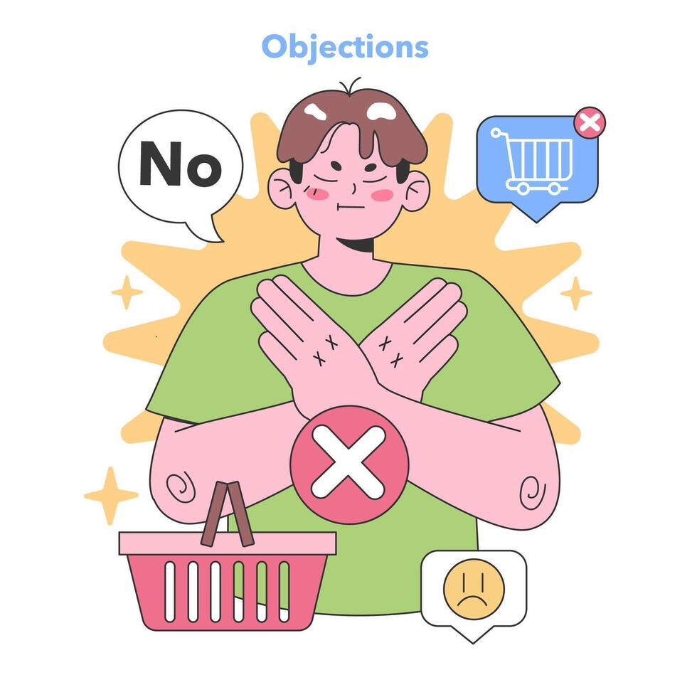 A skeptical character crosses arms, signaling 'No' to a shopping cart, symbolizing vector