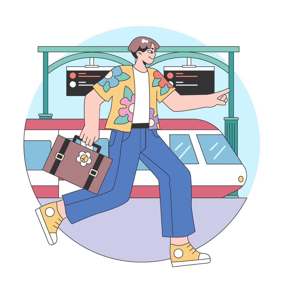 Train trip. Characters traveling by train. Passengers with luggage vector
