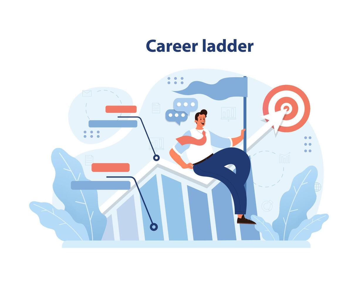 An empowered figure ascending the career ladder, symbolizing ambition and the pursuit of success. vector