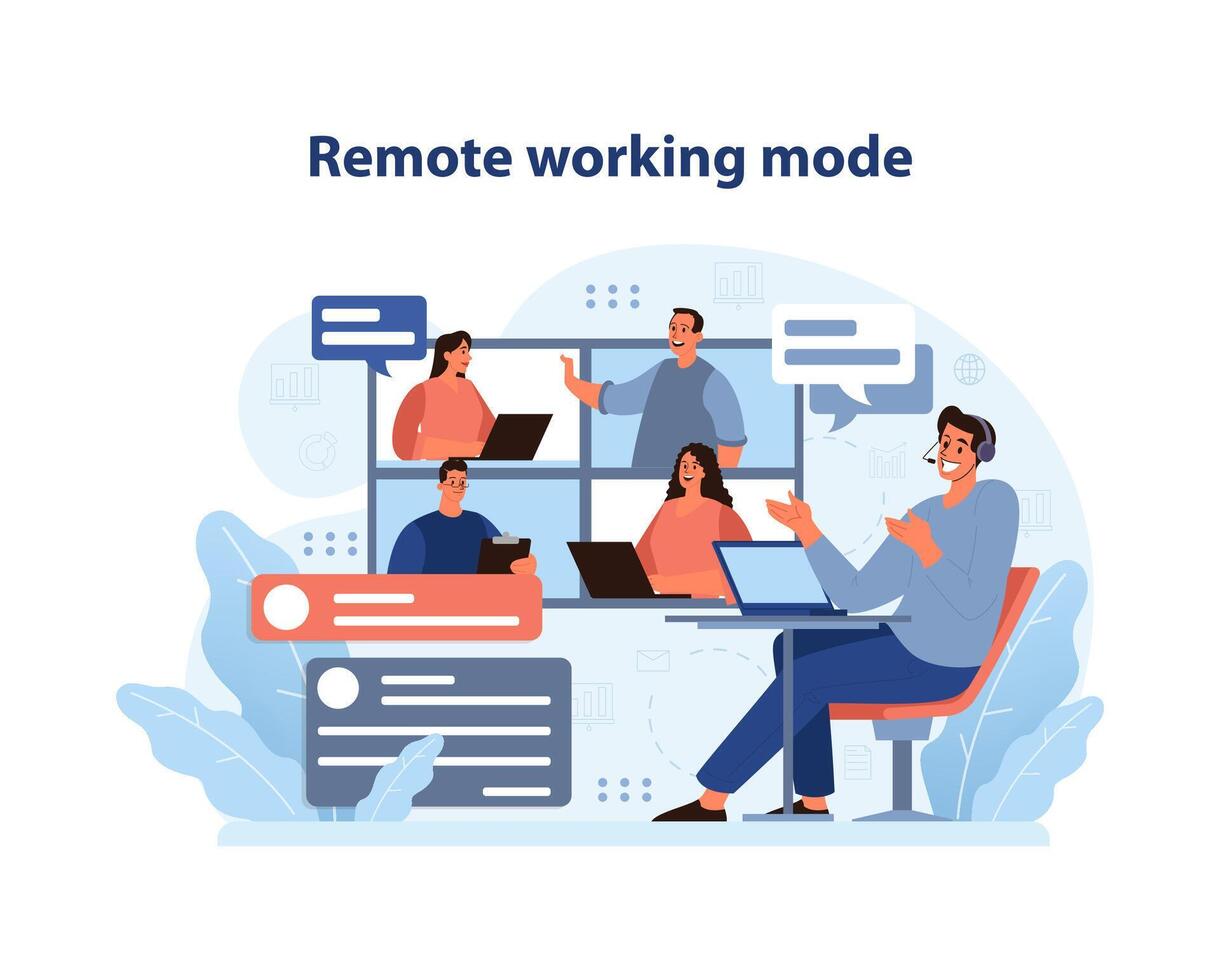 Remote Working mode. A dynamic team engages in digital collaboration across. vector