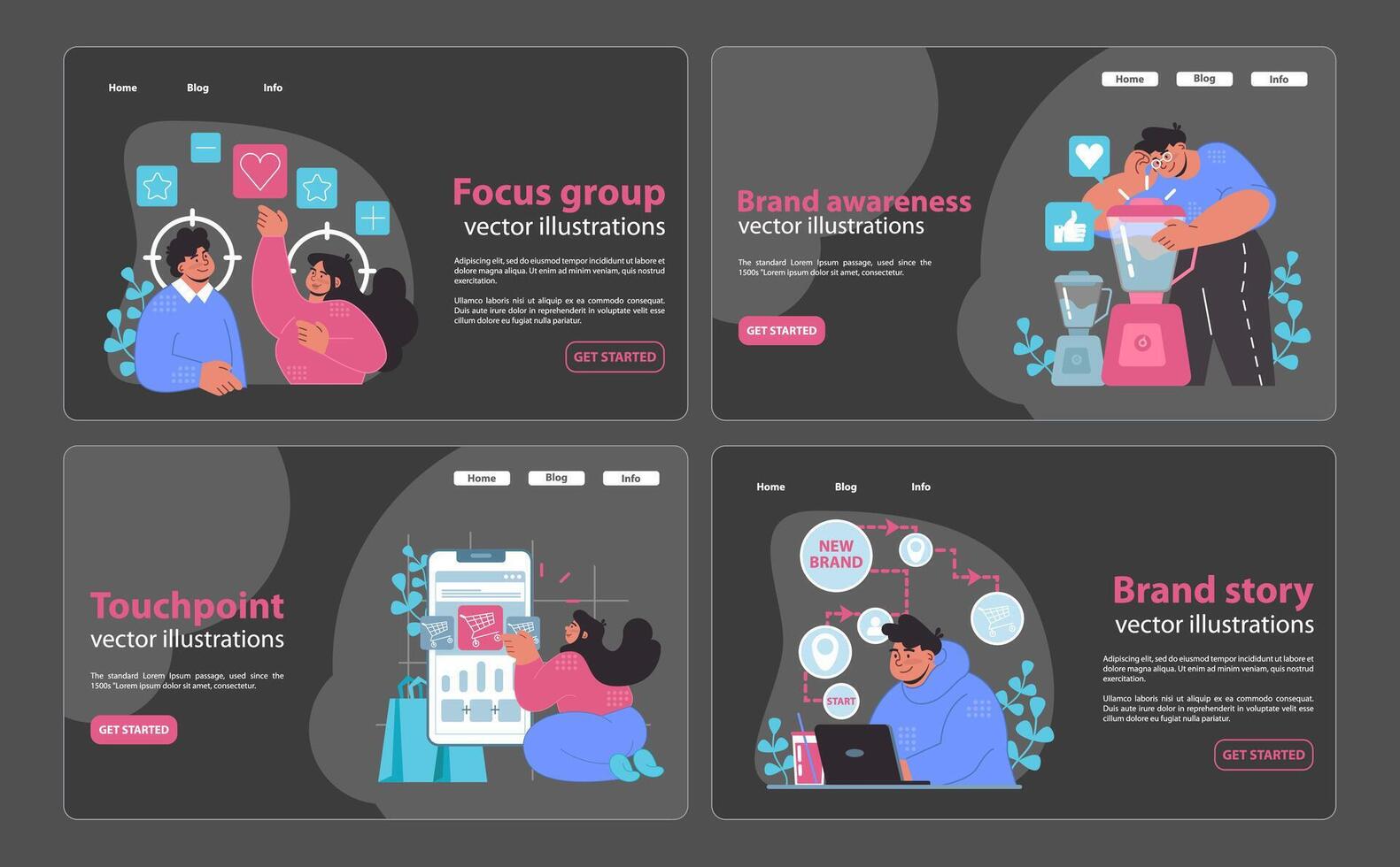 Branding strategy set. Engaging focus groups, heightening brand awareness, narrating brand stories. vector
