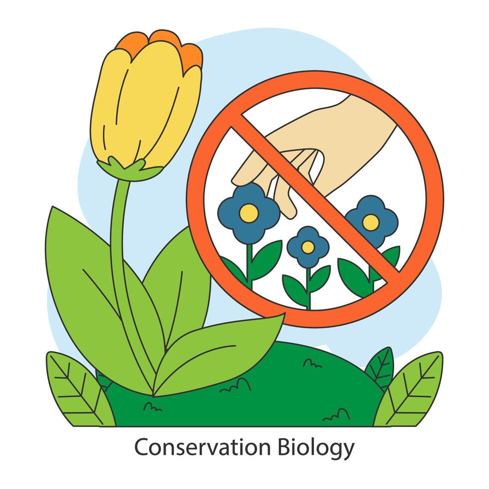 Biodiversity conservation. Endangered flower and prohibited sign against vector