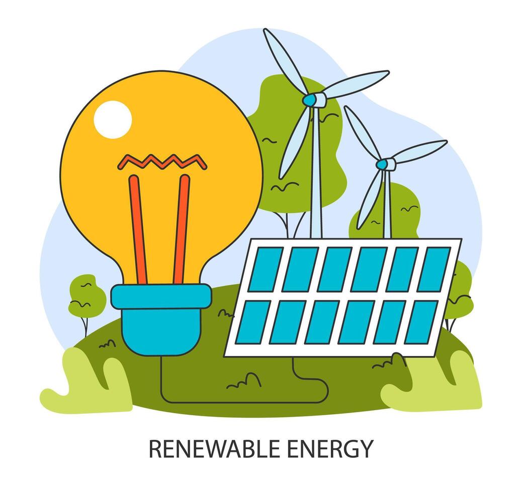 Renewable energy. Solar panel clean energy. Solar, wind electricity generation vector