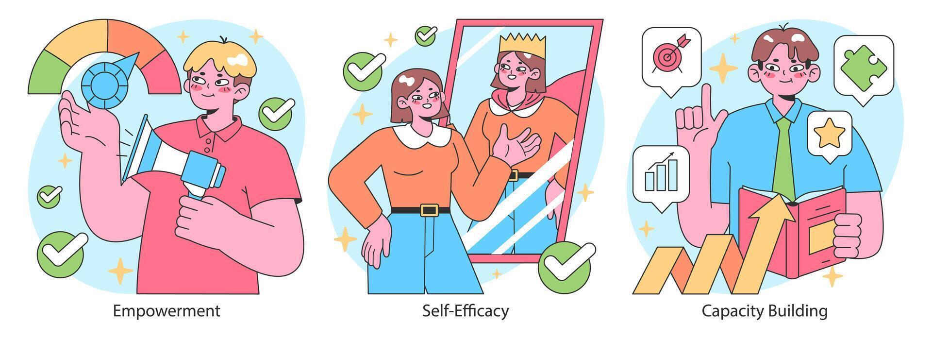 Empowerment set. Confident office employees, inclusive team collaboration vector