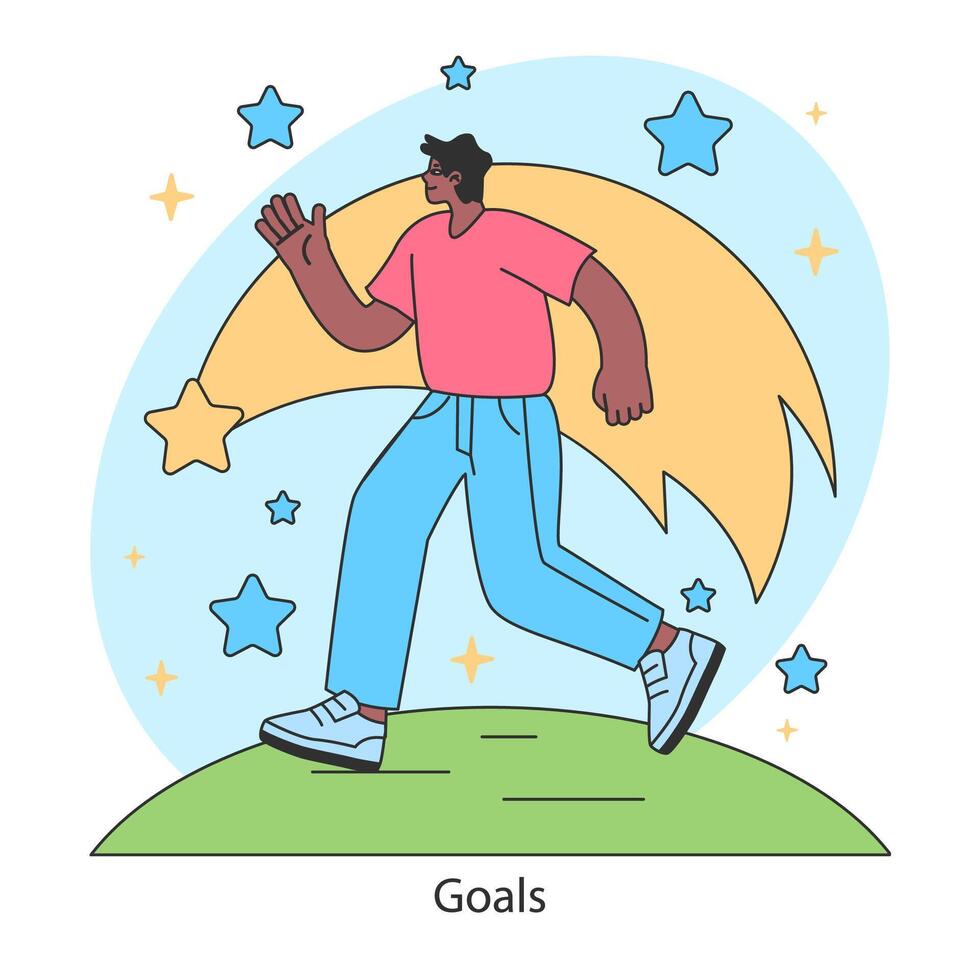 Goals concept. A person strides towards aspirations, reaching for the stars vector