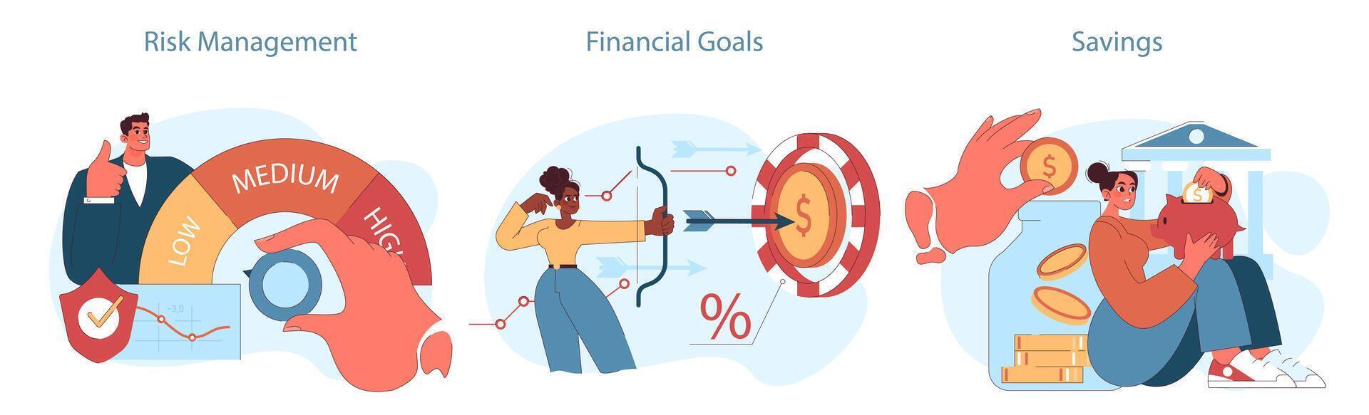 Financial planning set. Outlining risk management, setting financial vector