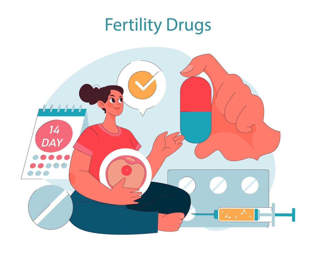 Fertility drugs. Woman confidently taking fertility drugs, with calendar vector