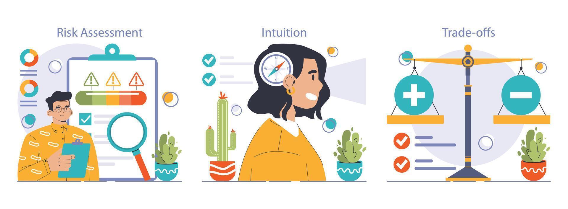 Decision-making set. Strategic thinking, brainstorming and solution research vector