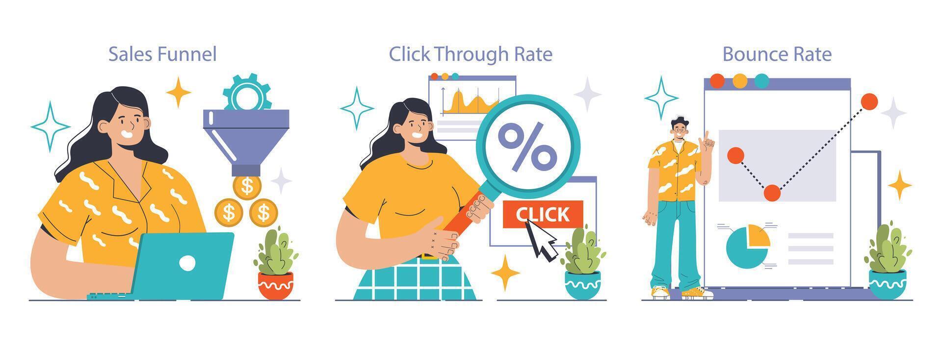 Digital Marketing set. Woman analyzes sales funnel, man inspects click-through vector