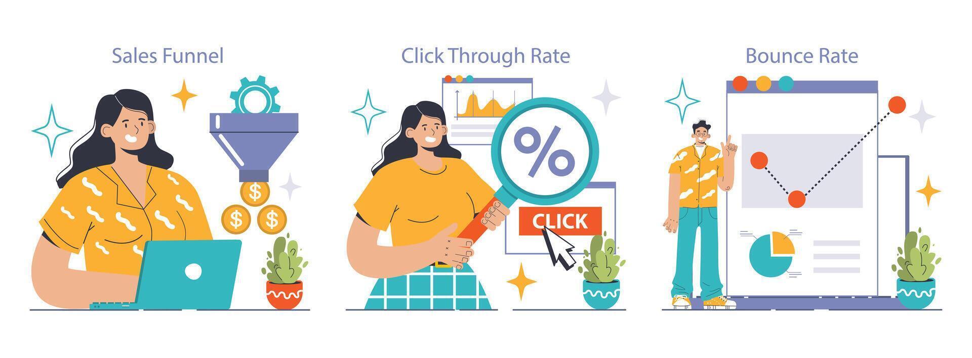 digital márketing colocar. mujer análisis ventas embudo, hombre inspecciona hacer clic a través vector