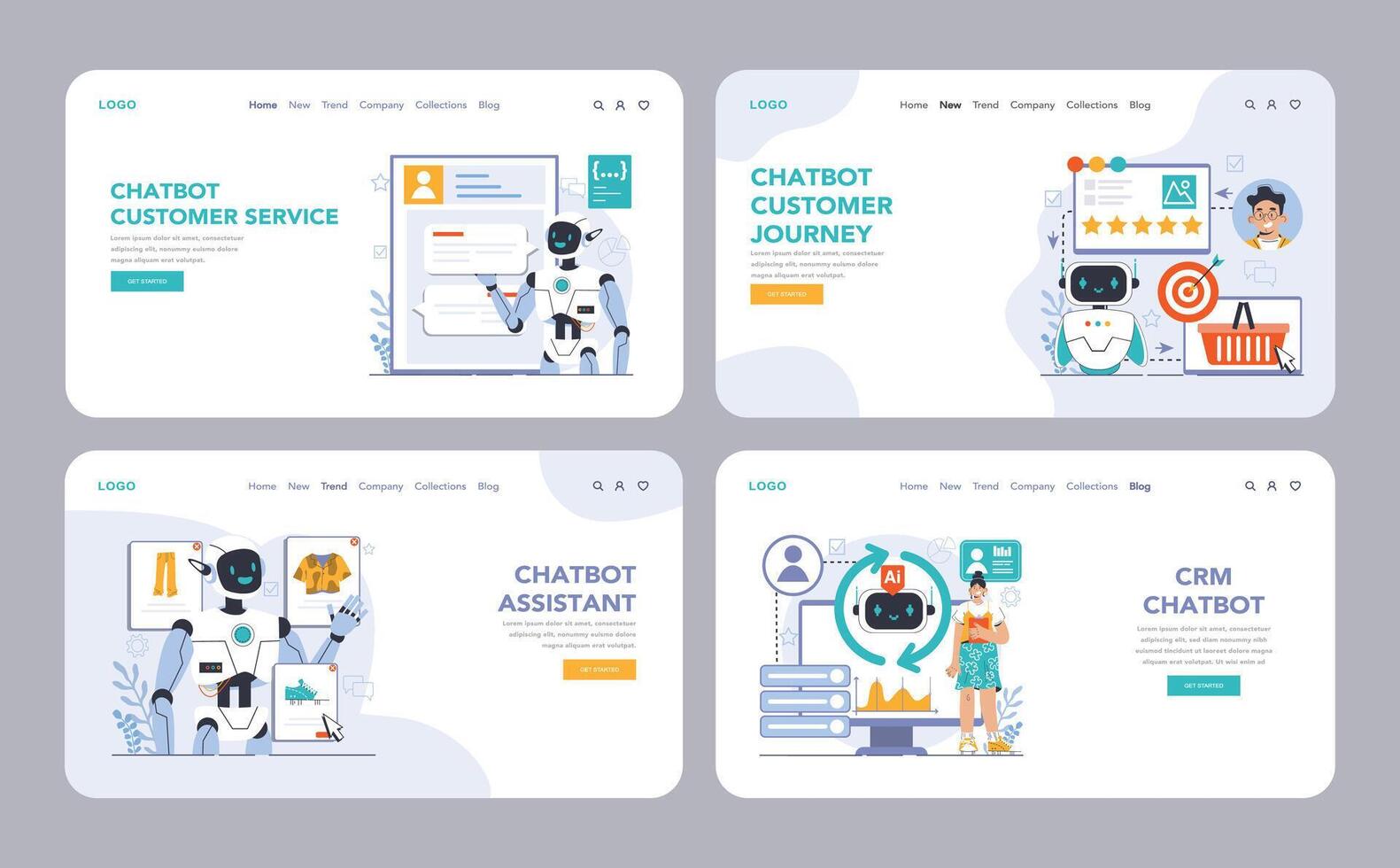 Chat bot web or landing set. AI-powered customer service. Online consultation vector