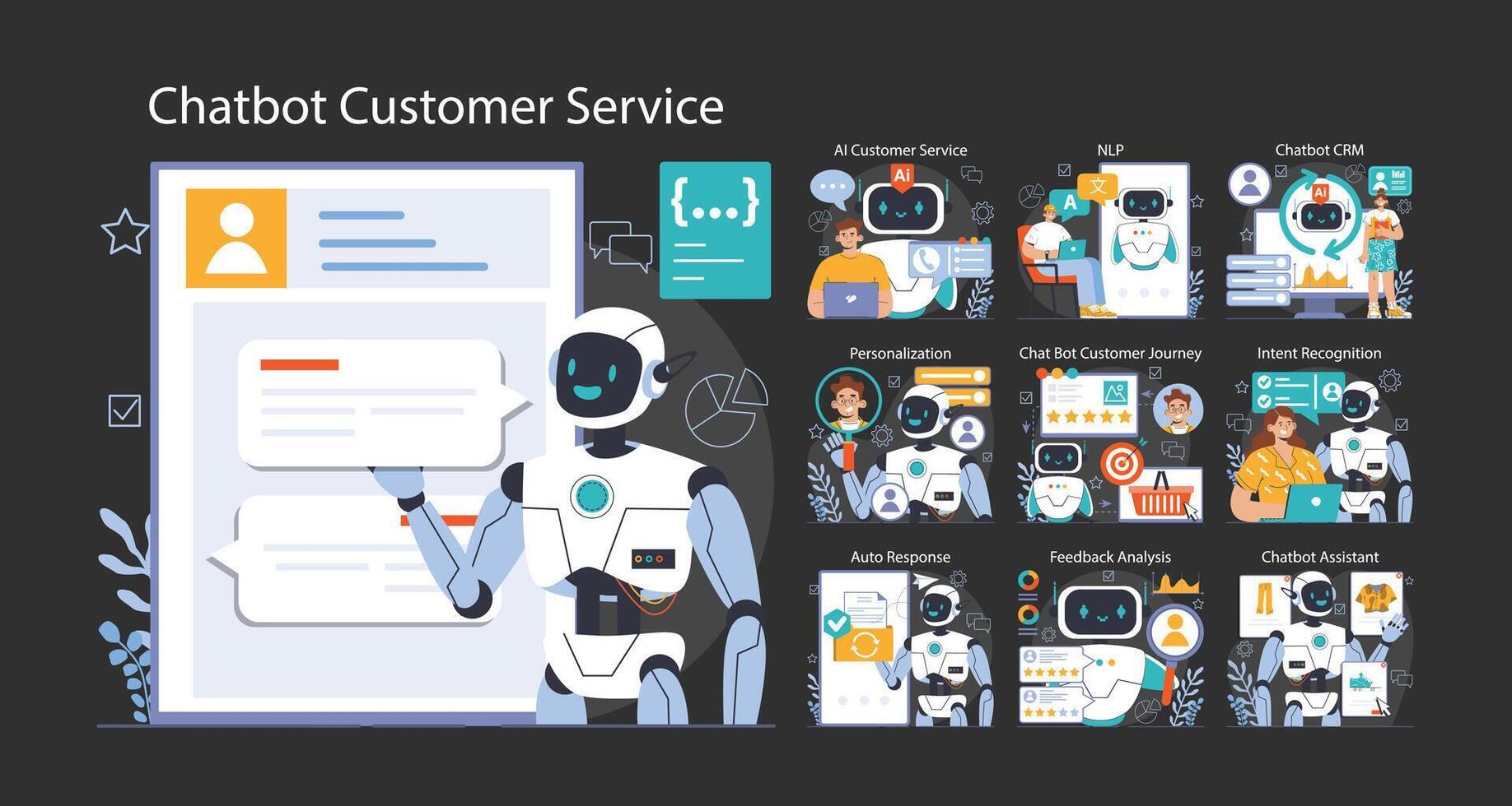 Chat bot set. AI-powered customer service. Online consultation with artificial vector