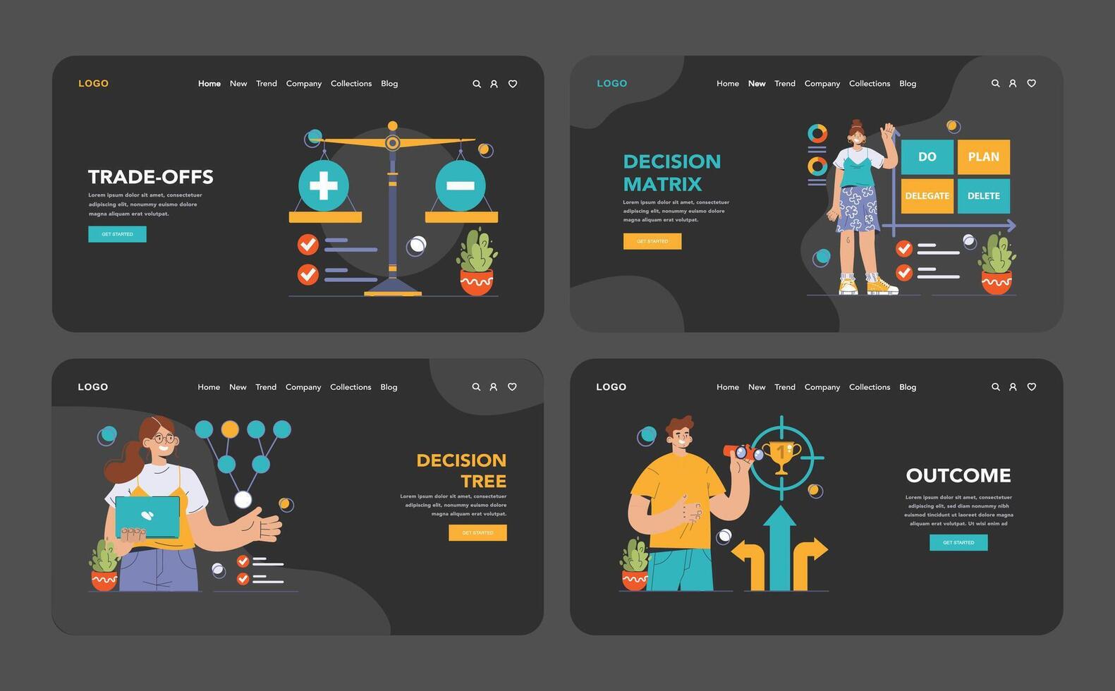 Decision-making dark or night mode web, landing set. Strategic thinking vector