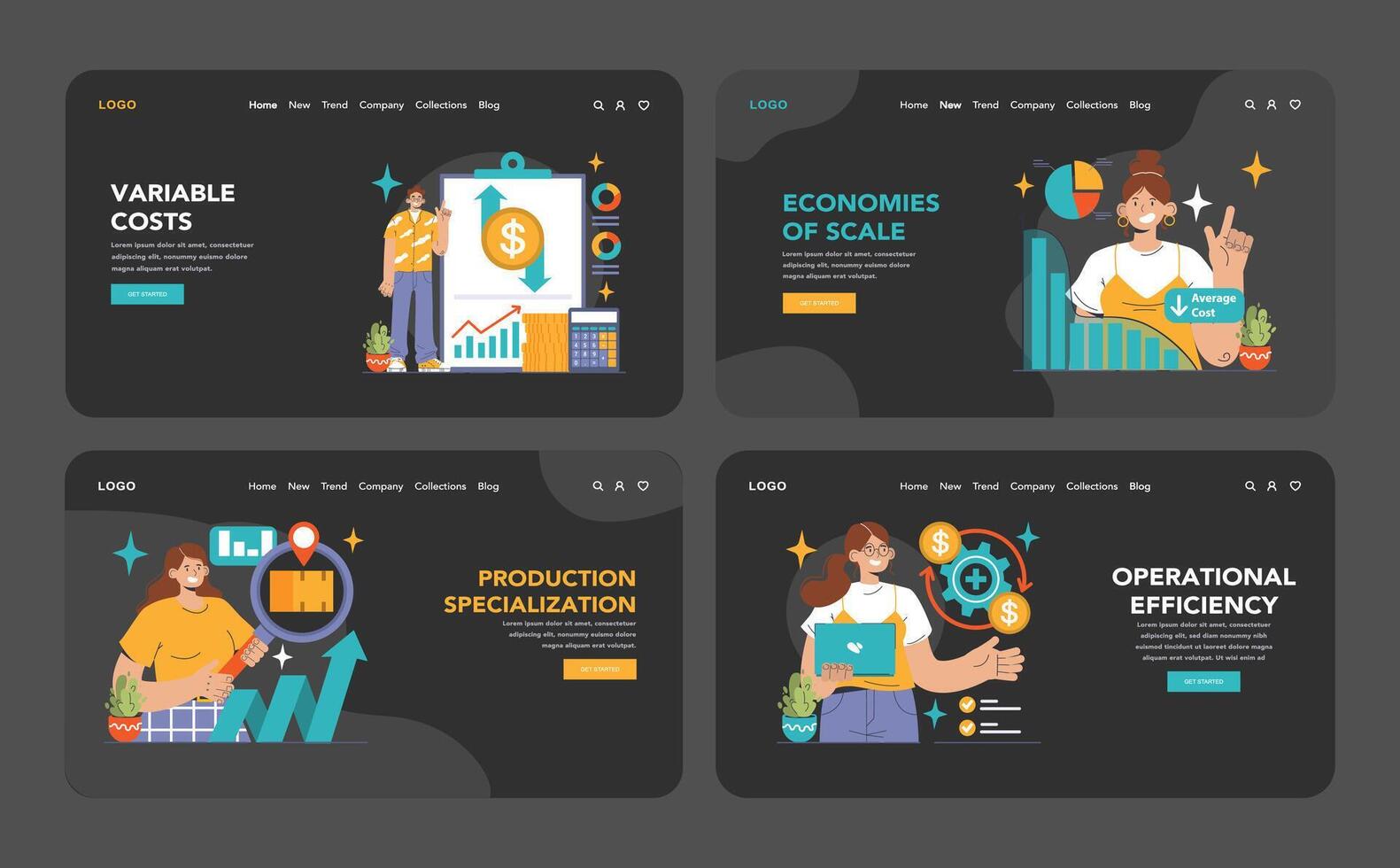 Economies of scale dark or night mode web or landing set. Company vector