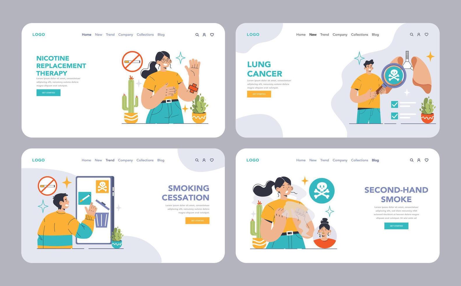Smoking cessation web or landing set. Man quitting smoking, facing vector