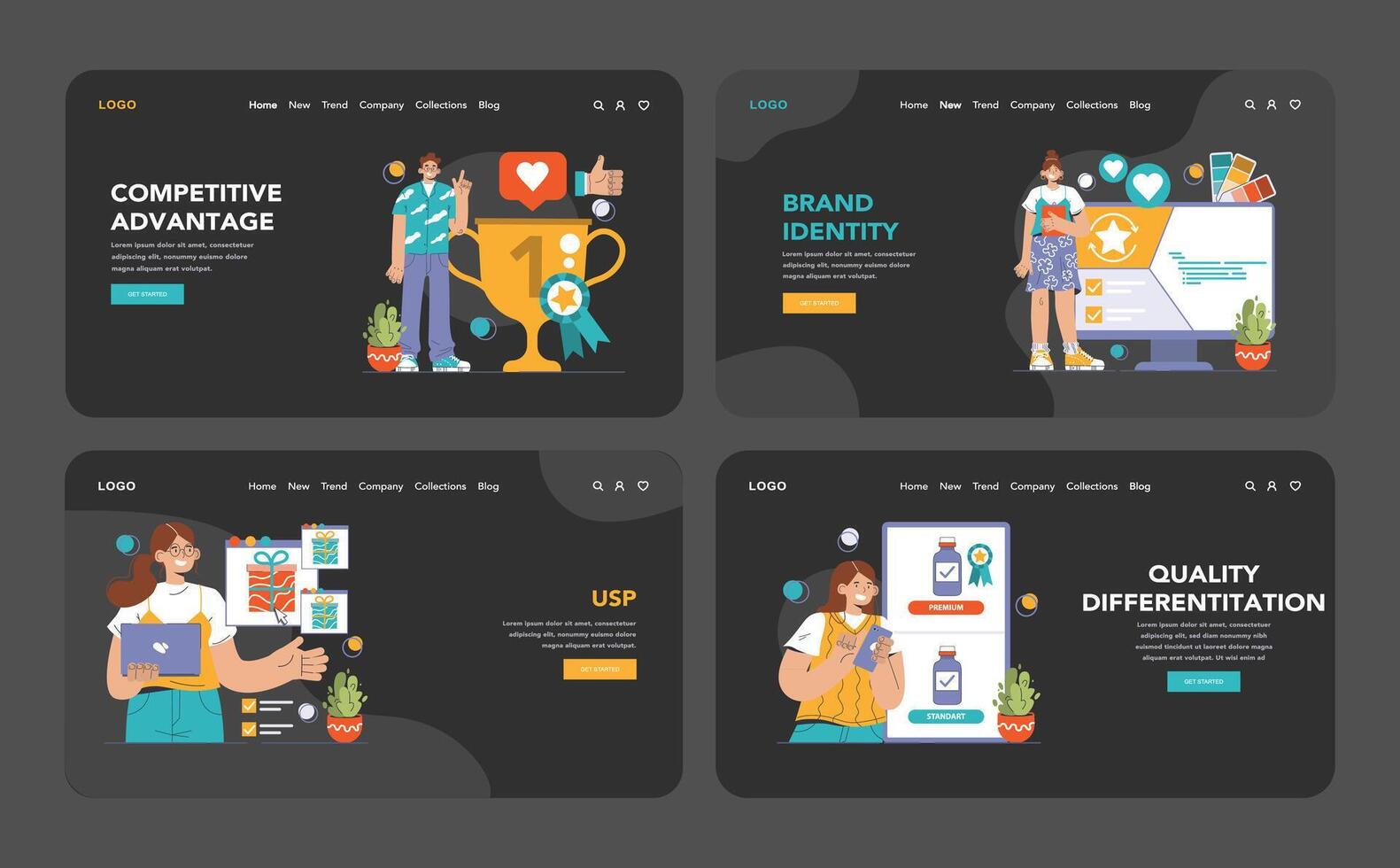 Product differentiation web or landing dark or night mode set. Product vector