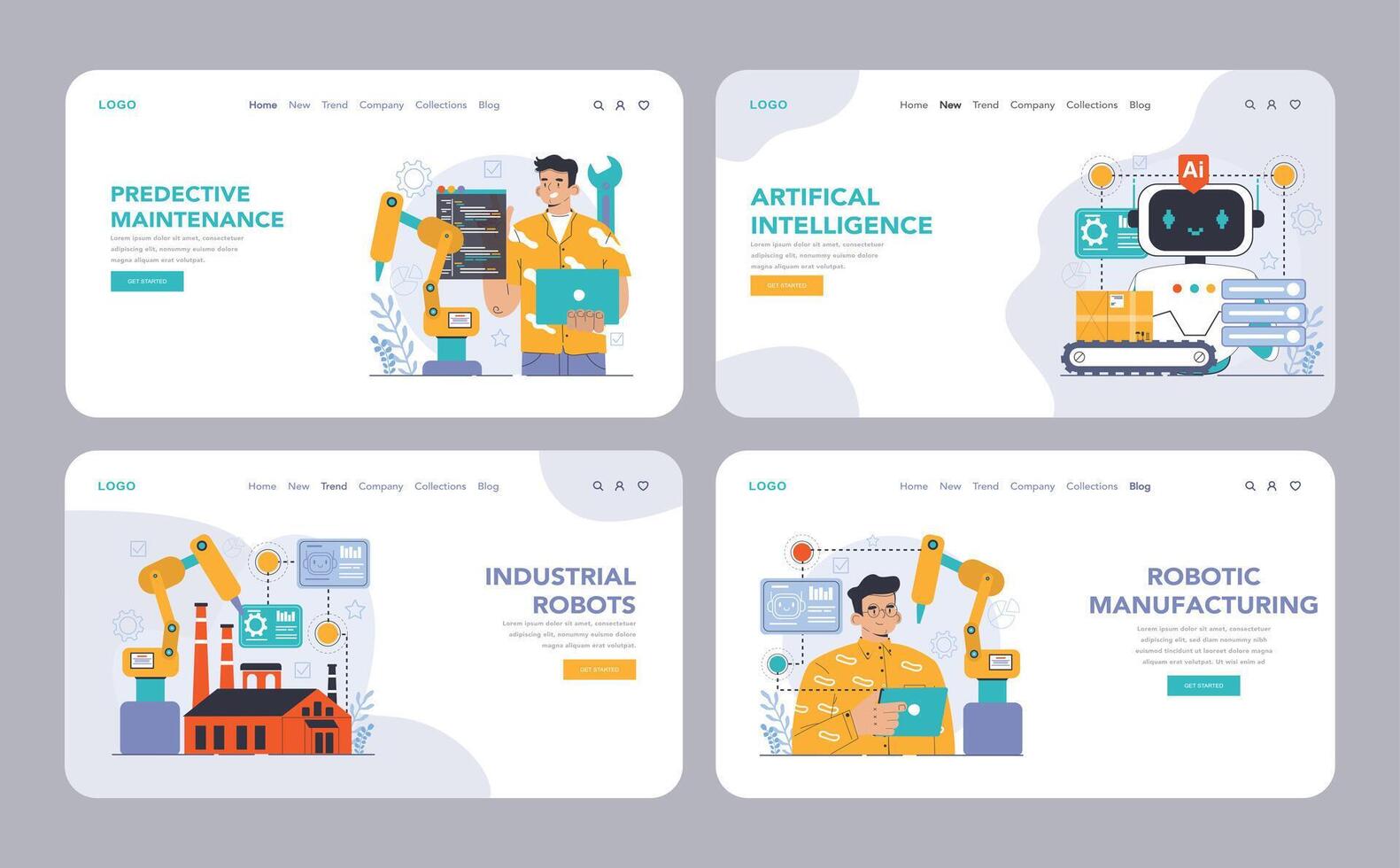 Robotic manufacture web or landing set. Automated systems or AI working vector